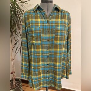 Anthropologie Pilcro Earthy Plaid Button Down • Crinkle Textured Blue & Green